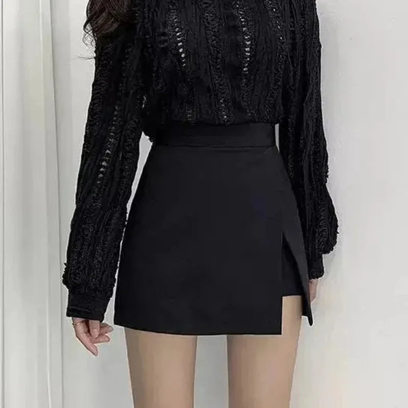 High-Waist Mini Skirt with Irregular Side Slits and Built-In Shorts