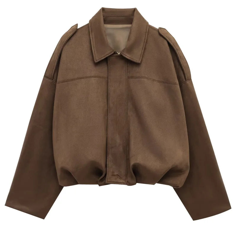 Women’s Suede Bomber Jacket – Lapel, Long Sleeve, Zipper, High Street Racing Coat