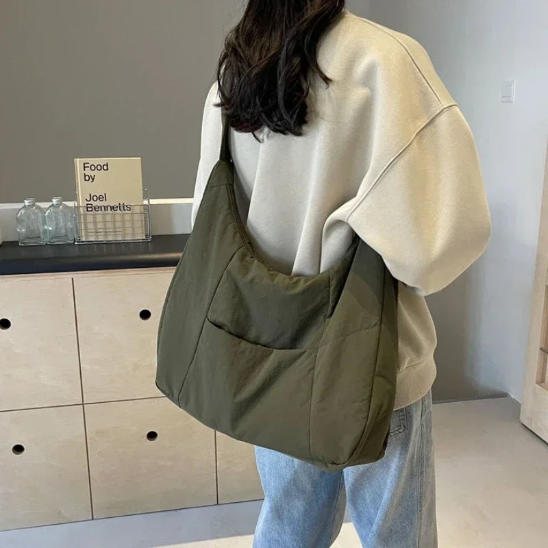 Trendy Women’s Shoulder & Crossbody Bag – Soft Fabric Large Tote, Solid Colours, Casual Y2K Vibe
