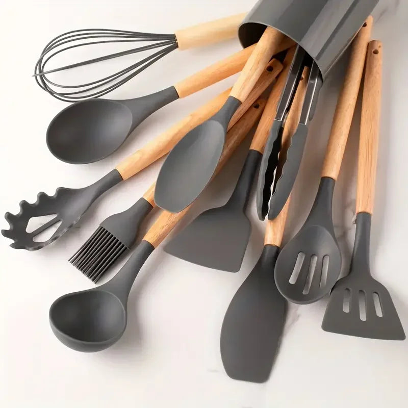 12-Piece Multi-Color Silicone Kitchenware Set with Wooden Handles – Non-Stick Spatulas & Spoons, Heat-Resistant Cooking Utensils