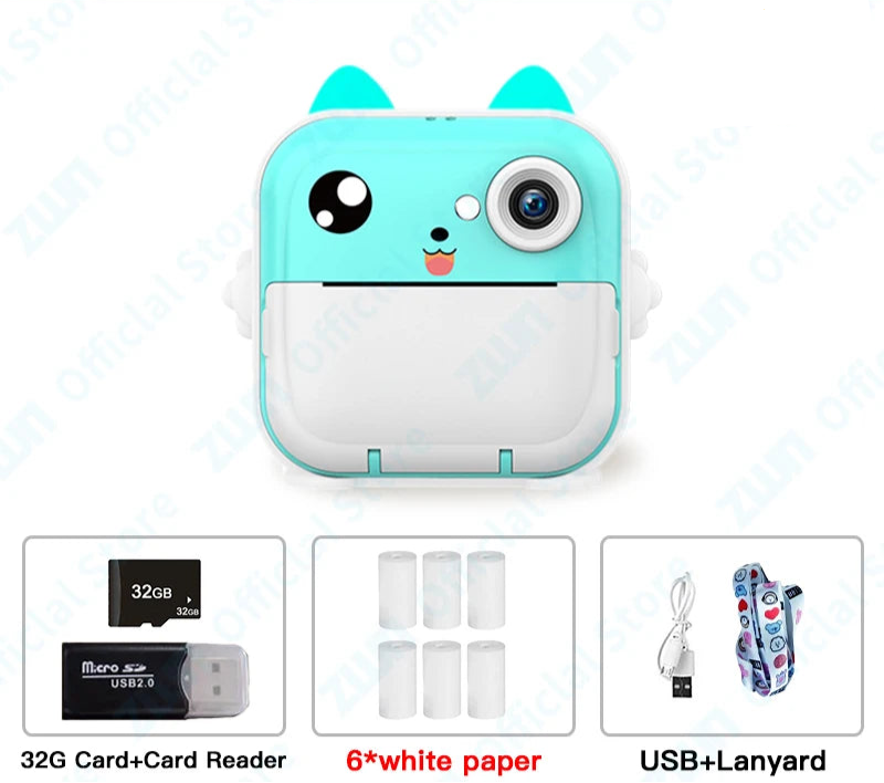 Children's 1080P HD Digital Camera Toys Instant Thermal Print With 32G Memory Card
