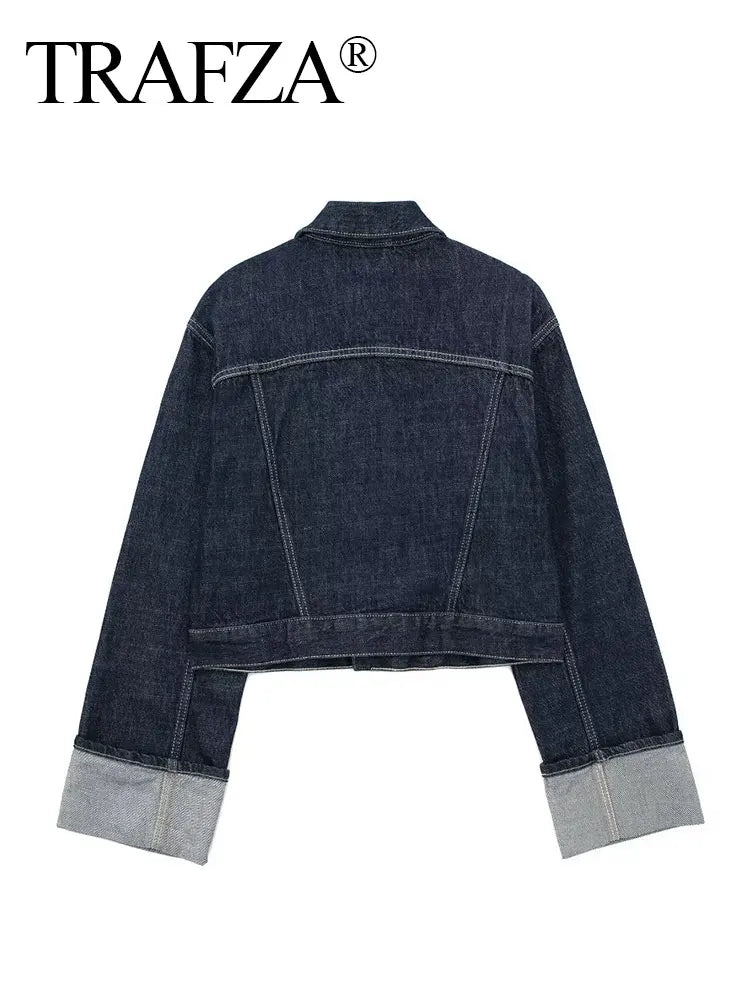 Women’s Vintage Dark Blue Denim Jacket – Single-Breasted, Lapel, Long Sleeve Coat with Pockets, High Street Fashion
