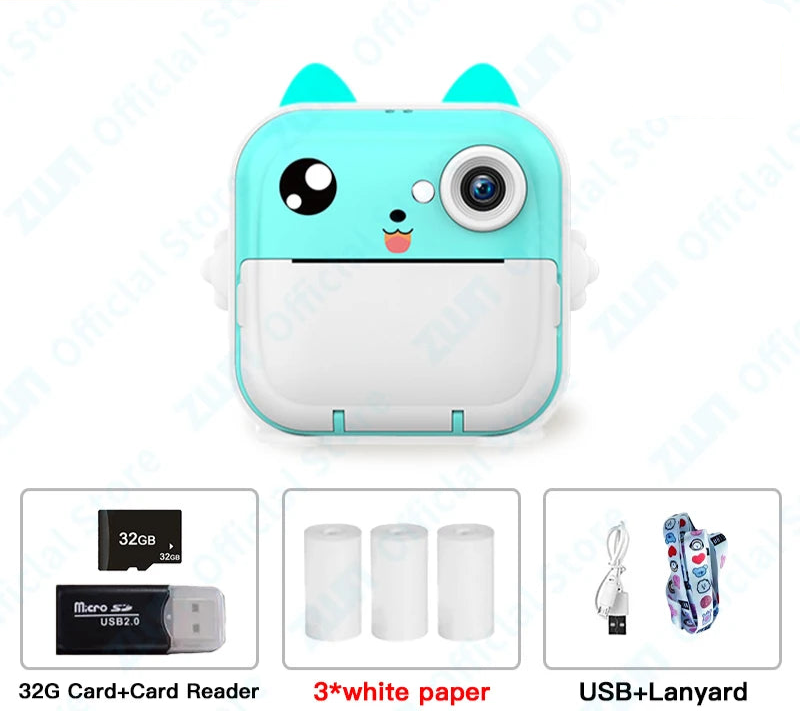 Children's 1080P HD Digital Camera Toys Instant Thermal Print With 32G Memory Card