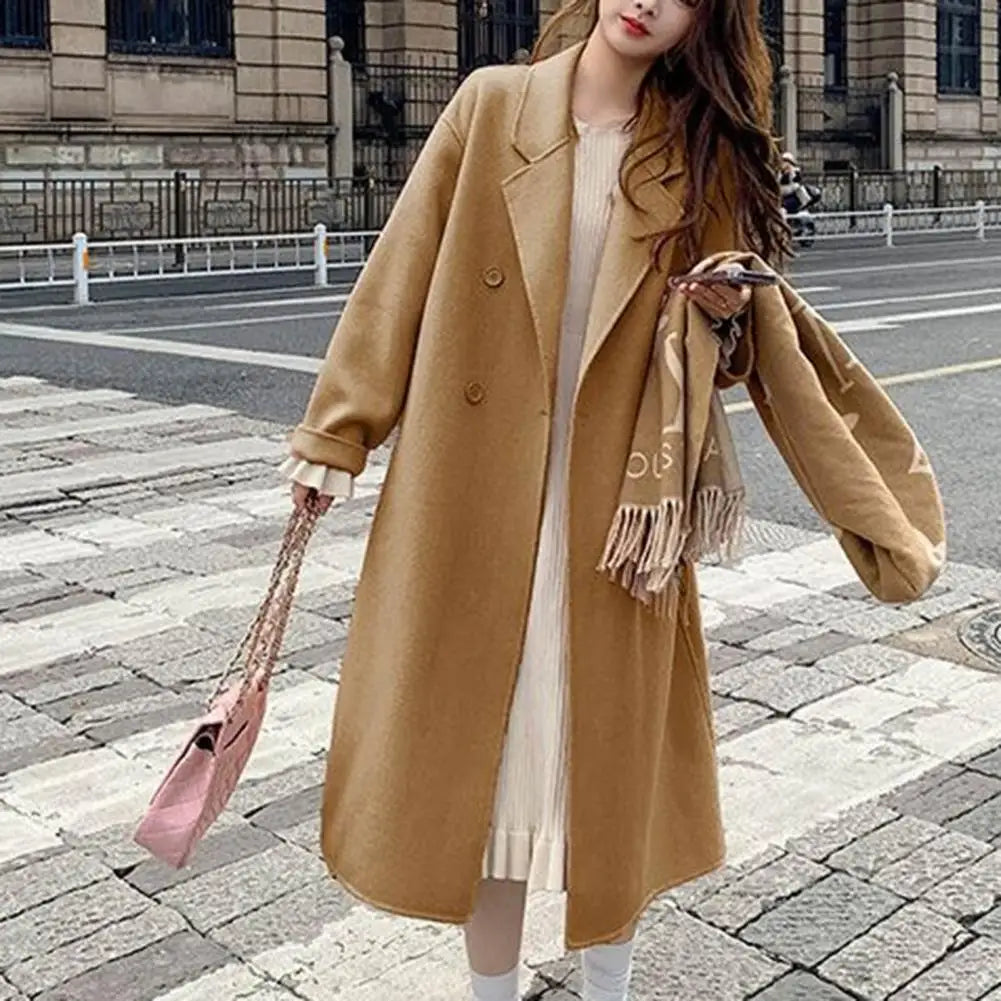 Women’s Woolen Double-Breasted Long Trench Coat – Loose Fit Retro Overcoat, Autumn Winter Fashion Windbreaker