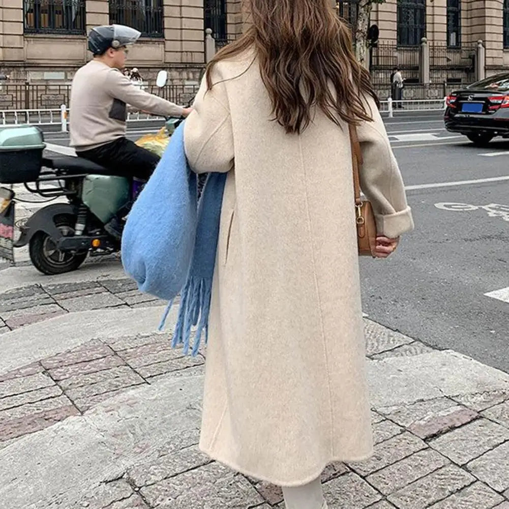 Women’s Woolen Double-Breasted Long Trench Coat – Loose Fit Retro Overcoat, Autumn Winter Fashion Windbreaker