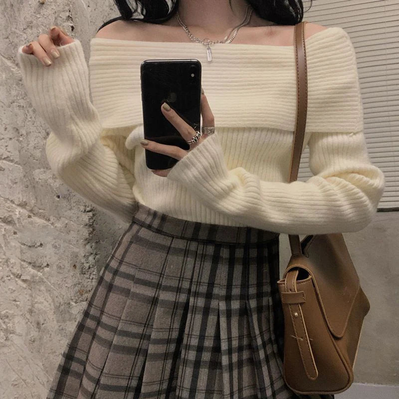 Women’s Slash Neck Off-Shoulder Knitted Sweater