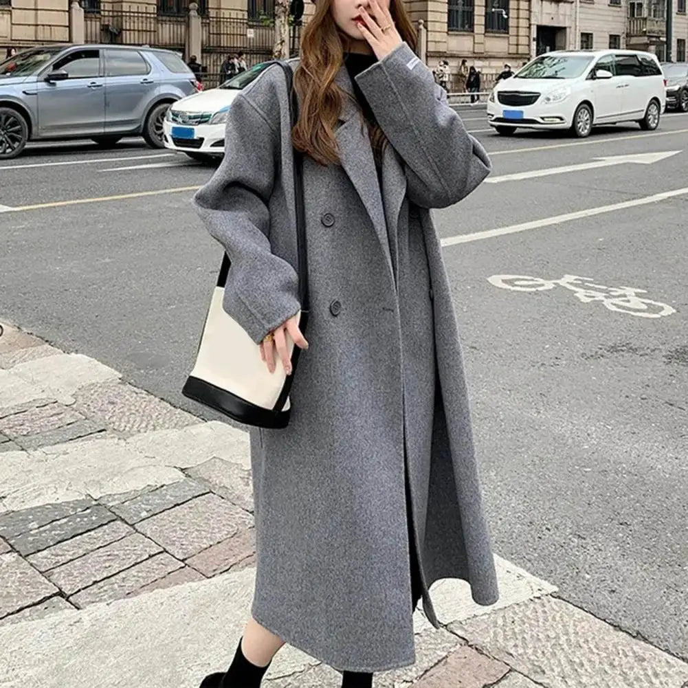 Women’s Woolen Double-Breasted Long Trench Coat – Loose Fit Retro Overcoat, Autumn Winter Fashion Windbreaker