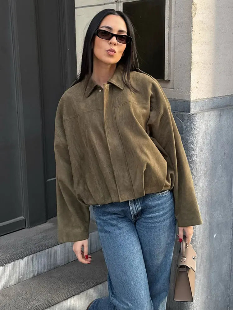 Women’s Suede Bomber Jacket – Lapel, Long Sleeve, Zipper, High Street Racing Coat