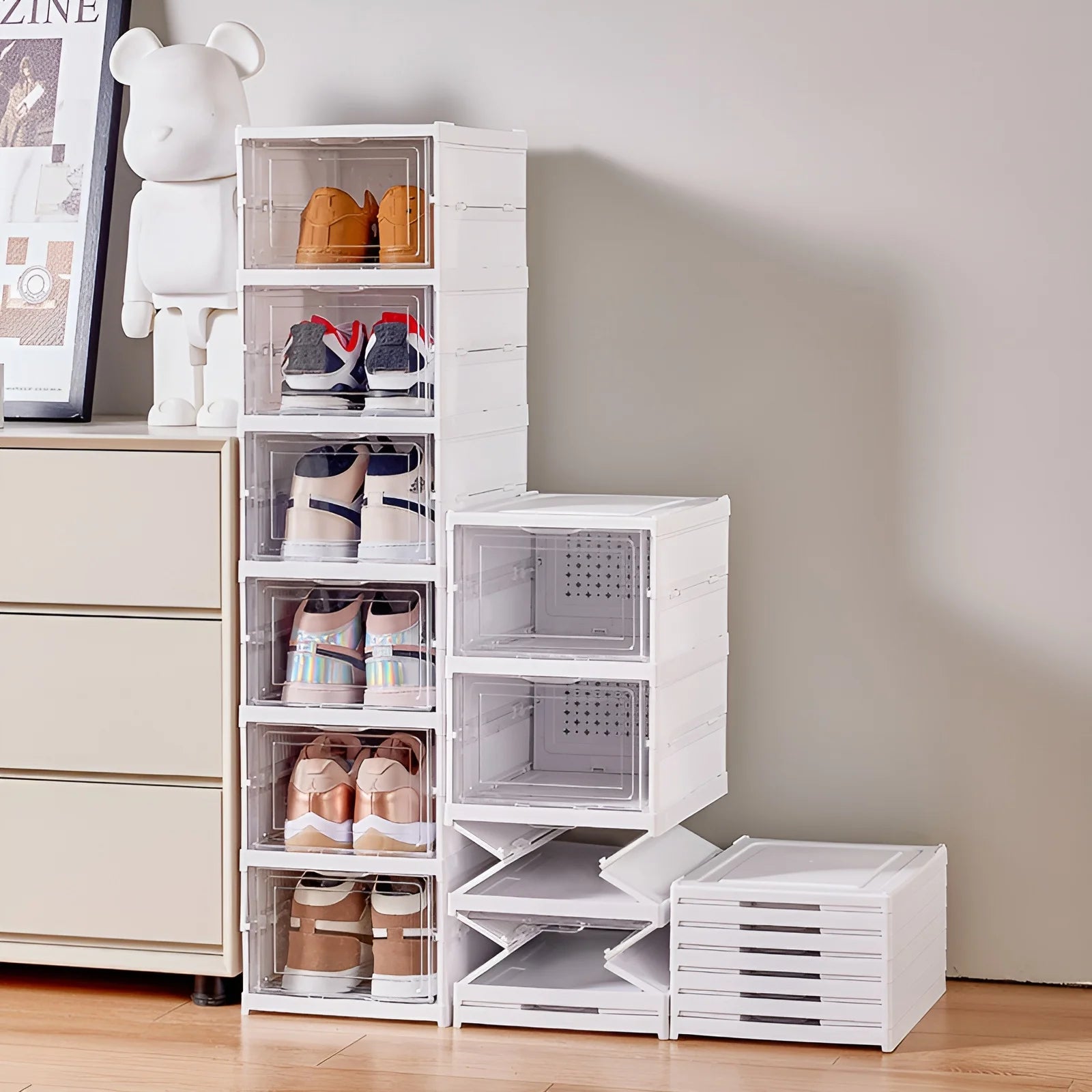 Foldable Shoe Storage Box – Stackable Dustproof Organizer