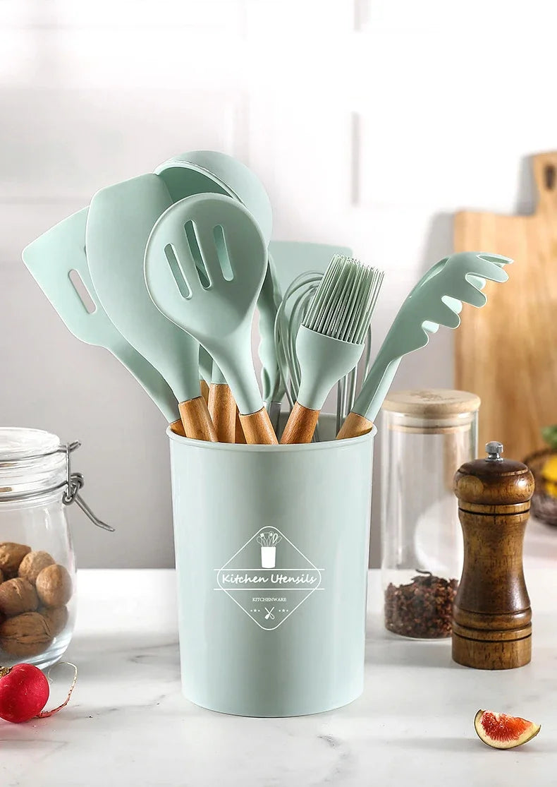 12-Piece Multi-Color Silicone Kitchenware Set with Wooden Handles – Non-Stick Spatulas & Spoons, Heat-Resistant Cooking Utensils