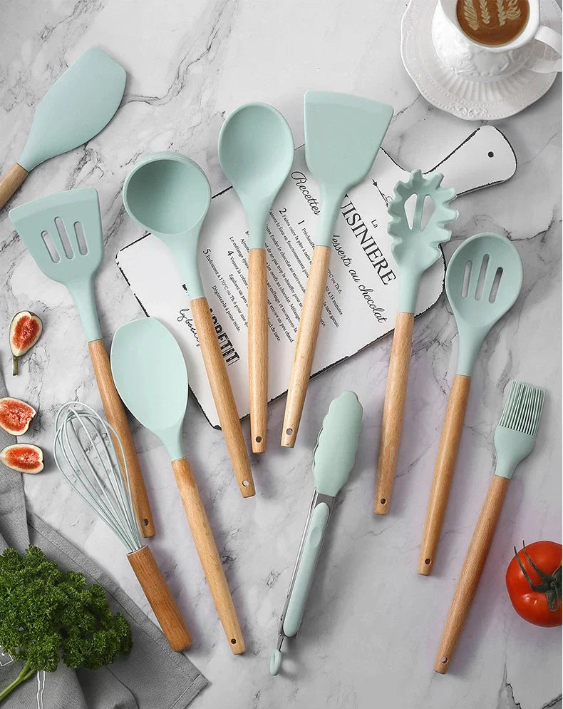 12-Piece Multi-Color Silicone Kitchenware Set with Wooden Handles – Non-Stick Spatulas & Spoons, Heat-Resistant Cooking Utensils